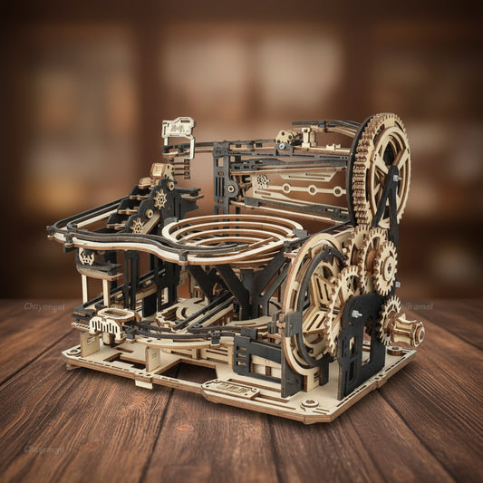 Puzzle 3D en bois avec éléments métalliques noirs, parcours de billes complexe