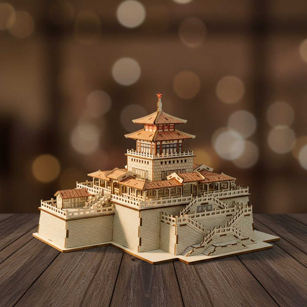 Puzzle 3D d'un Pavillon chinois traditionnel en bois avec toits bruns et murs blancs.
