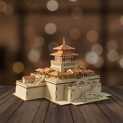 Puzzle 3D d'un Pavillon chinois traditionnel en bois avec toits bruns et murs blancs.