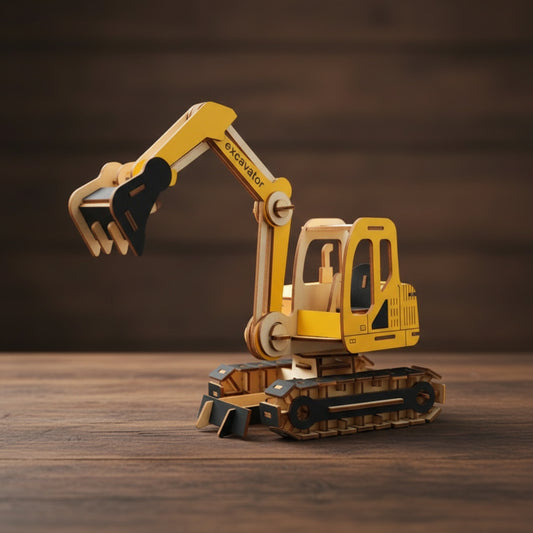 Puzzle 3d de Pelleteuse en bois jaune et bleue, réaliste.