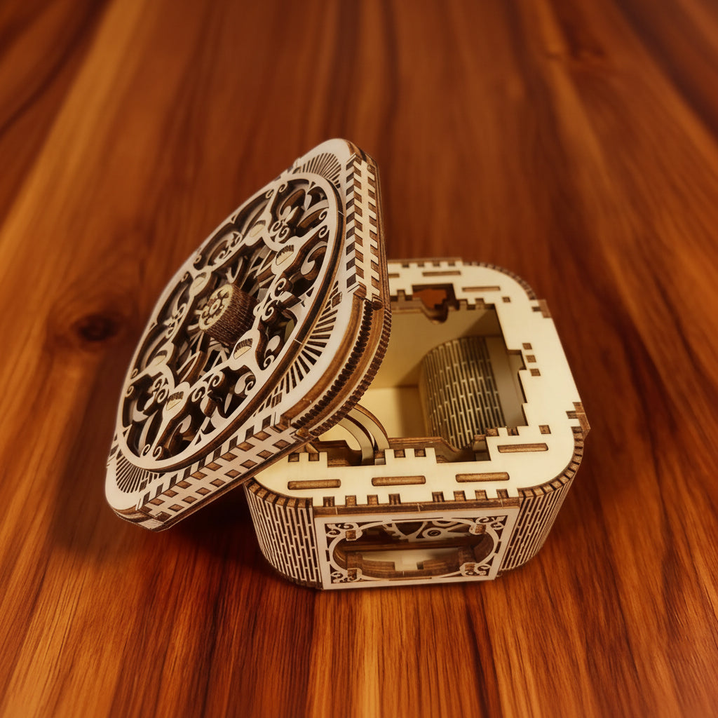 Boîte à bijoux puzzle 3D en bois clair, style mécanique vintage avec engrenages visibles.