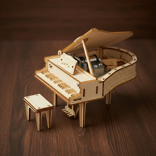 Puzzle en bois 3D représentant un piano avec boîte à musique et tabouret.
