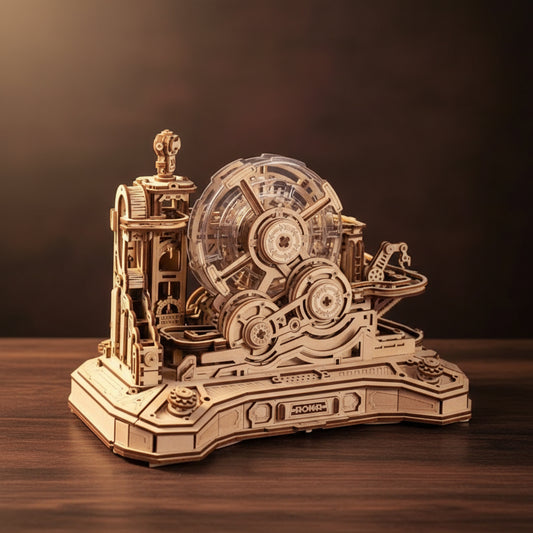 Puzzle 3D en bois avec parcours de billes complexes et pièces mobiles.