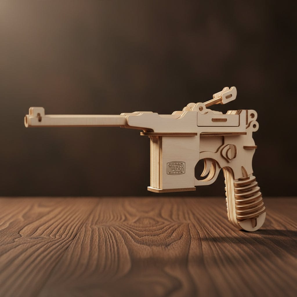 Puzzle 3D en bois représentant un pistolet Mauser avec détails réalistes.