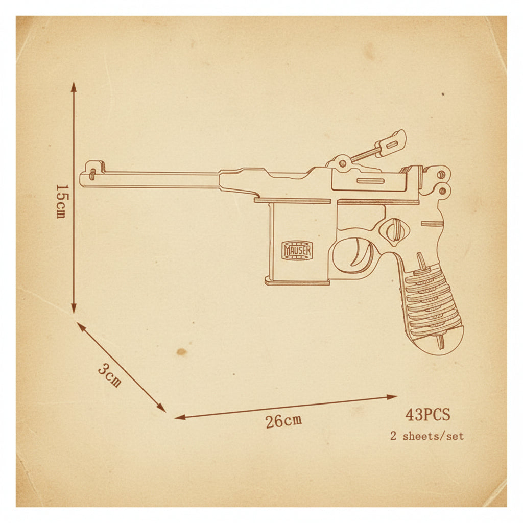 Puzzle 3D en bois représentant un pistolet Mauser avec détails réalistes. - vue 2