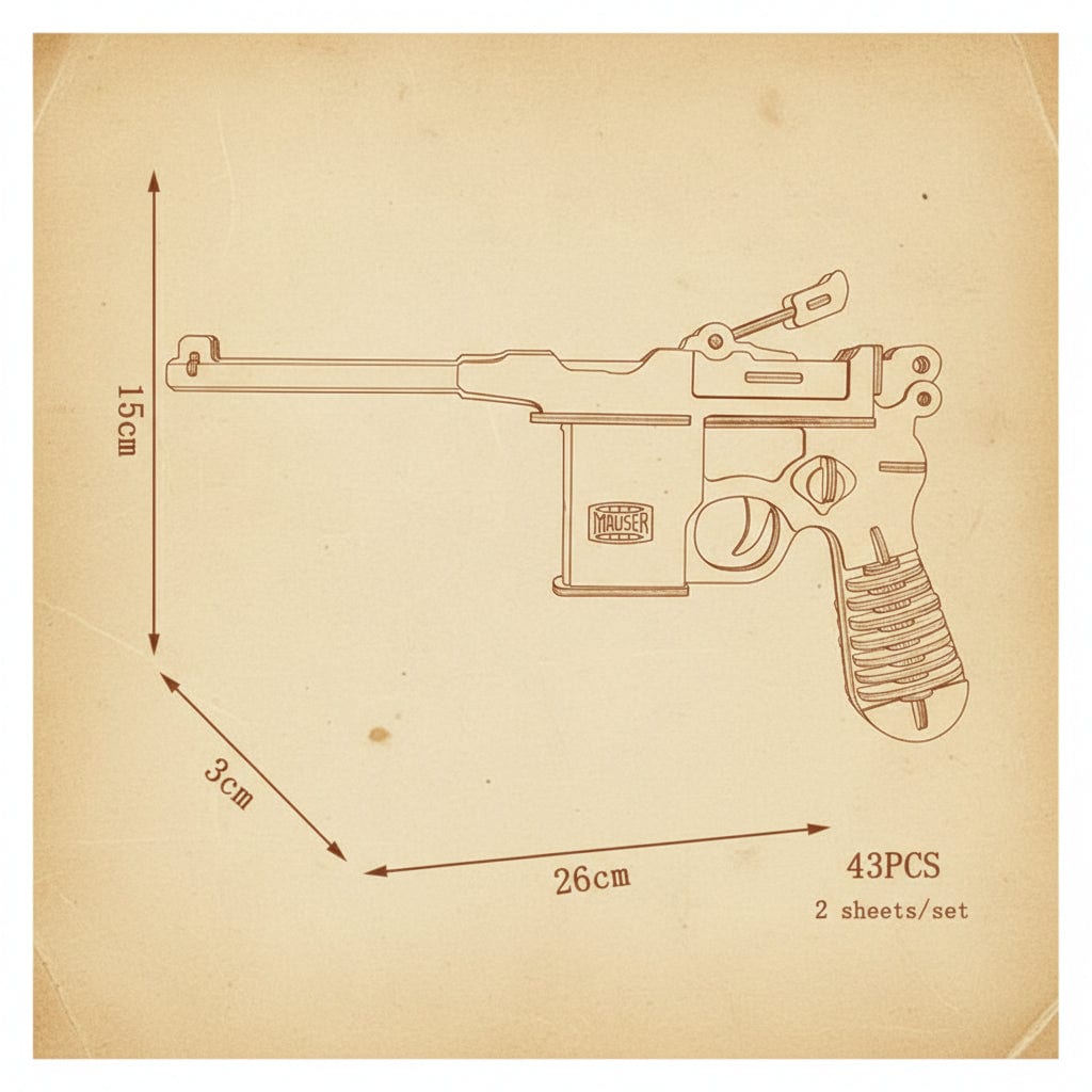 Puzzle 3D en bois représentant un pistolet Mauser avec détails réalistes. - vue 2