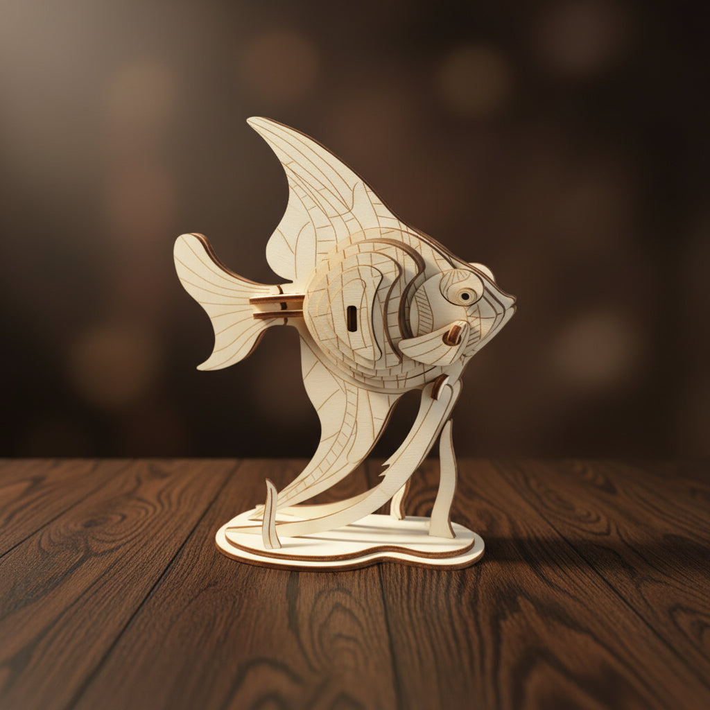 Puzzle 3D du Poisson-ange en bois, assemblé.