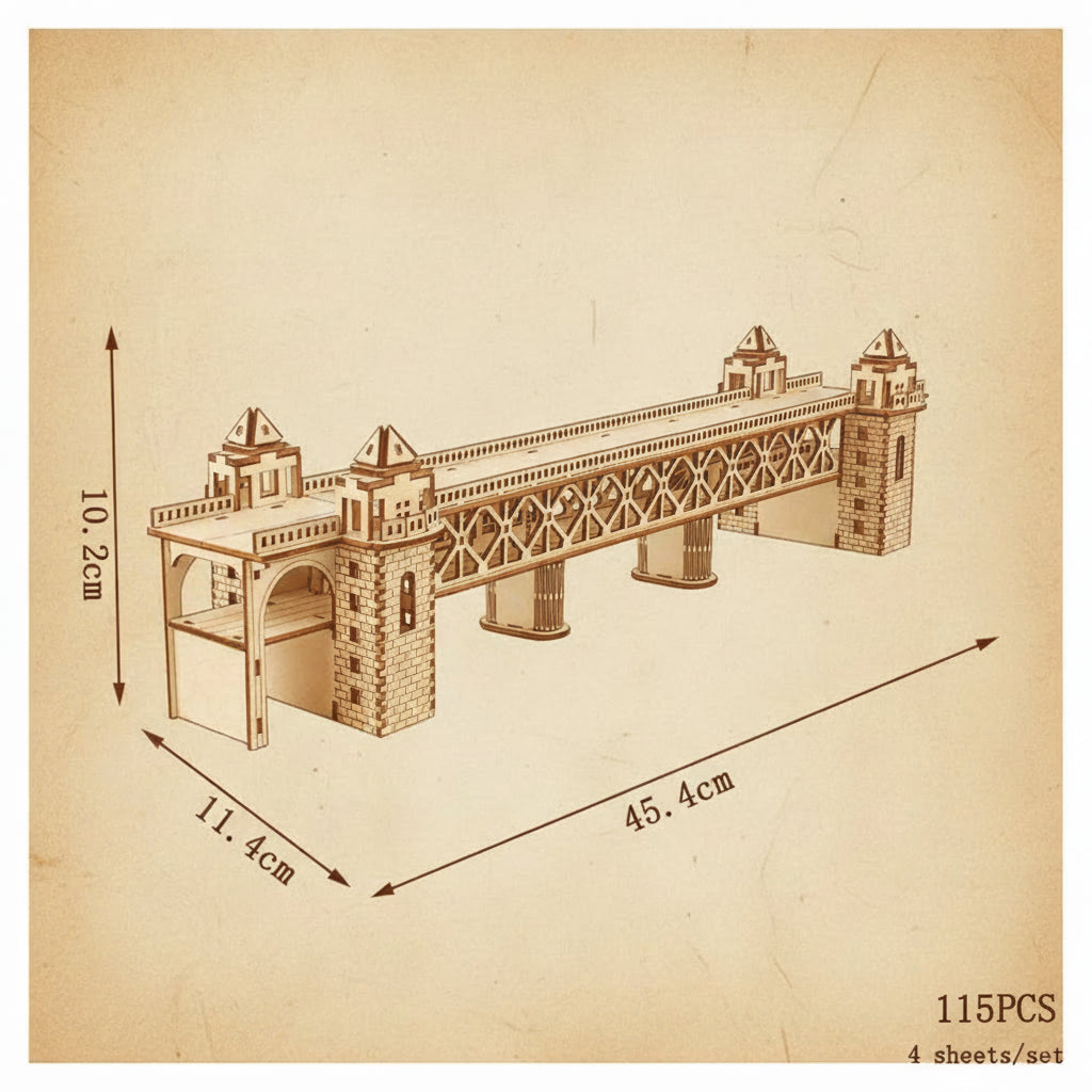 Puzzle 3D de pont en bois avec tours et arches assemblé sur une surface boisée. - vue 2