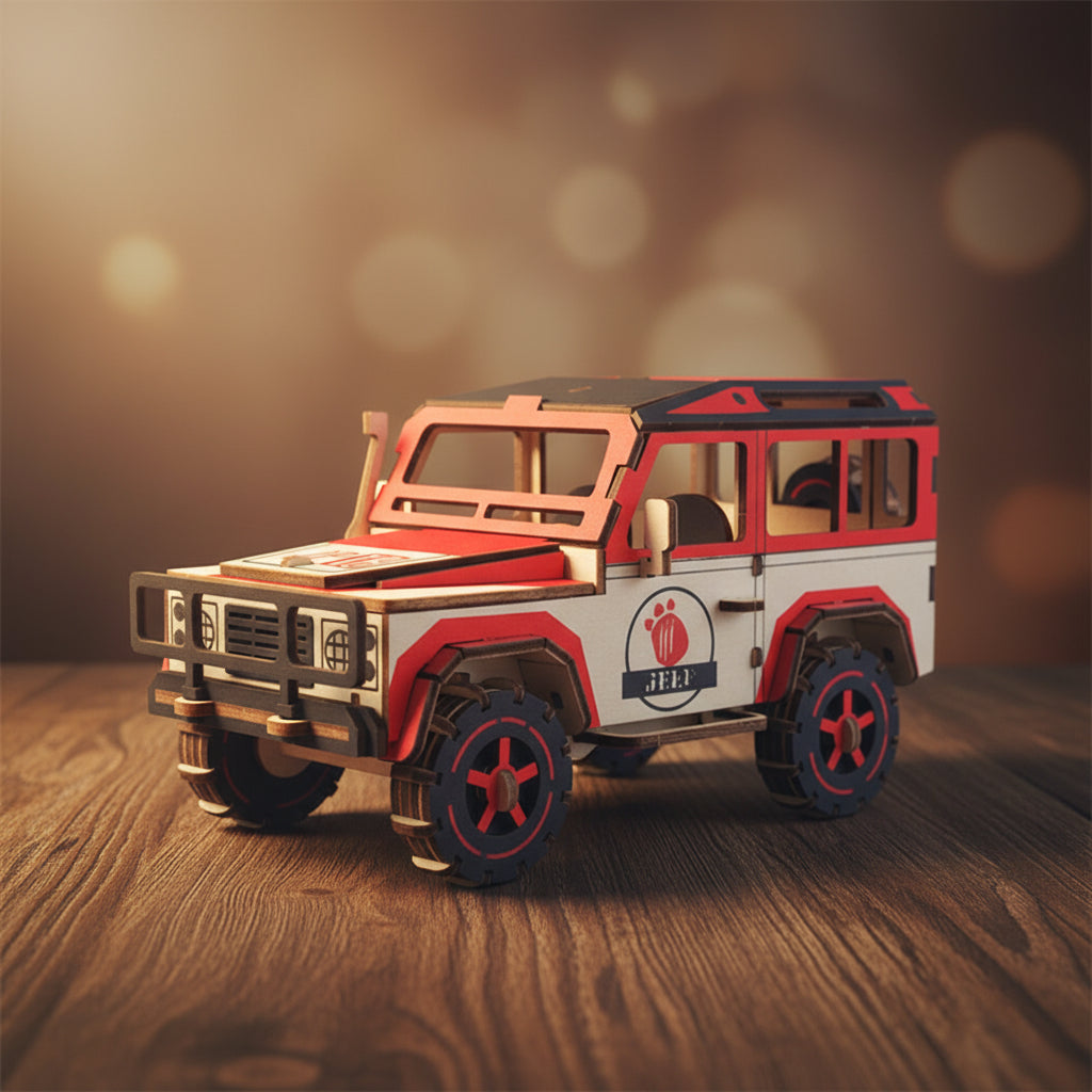 Puzzle 3D d'un SUV blanc et rouge en bois.
