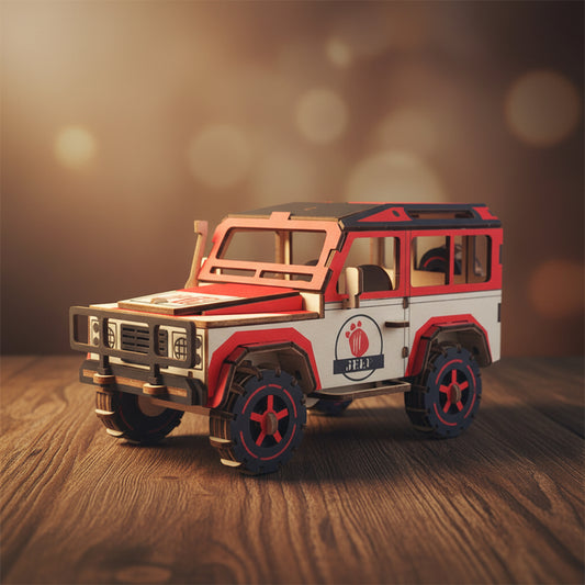 Puzzle 3D d'un SUV blanc et rouge en bois.