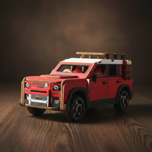 Puzzle 3D d'un SUV rouge et blanc sur bois.