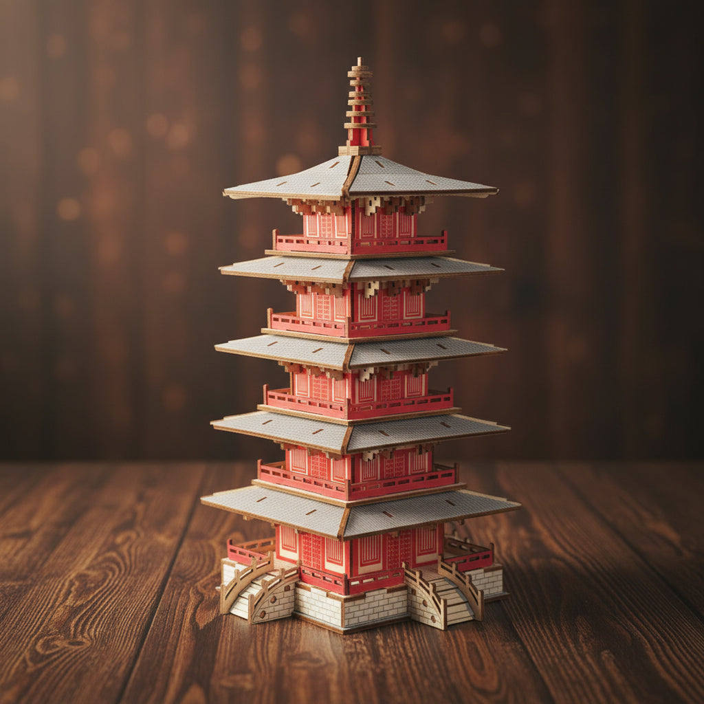 Puzzle 3D en bois du Temple Hanshan, toits rouges et gris sur bois.
