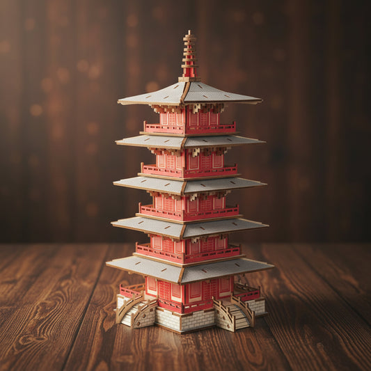 Puzzle 3D en bois du Temple Hanshan, toits rouges et gris sur bois.