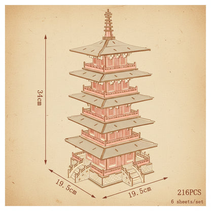 Puzzle 3D en bois du Temple Hanshan, toits rouges et gris sur bois. - vue 2