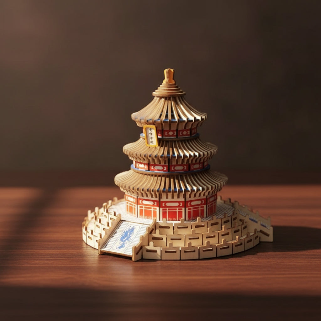 Puzzle 3D en bois du Temple du Ciel assemblé, structure pyramidale beige avec toit rouge, style t...