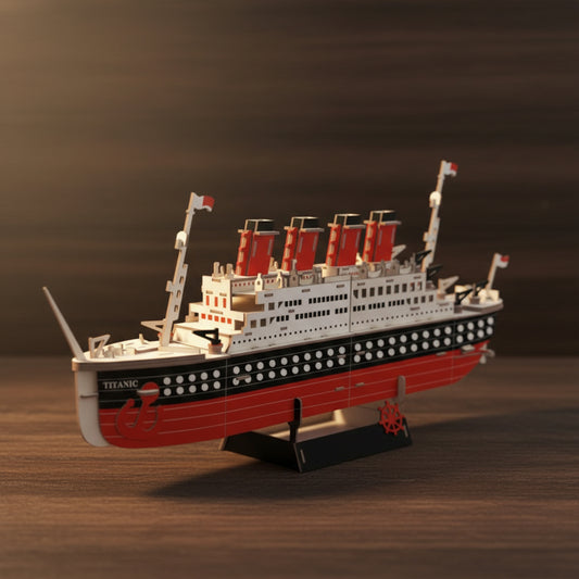 Puzzle 3D du Titanic en bois rouge et blanc sur base noire avec roues.
