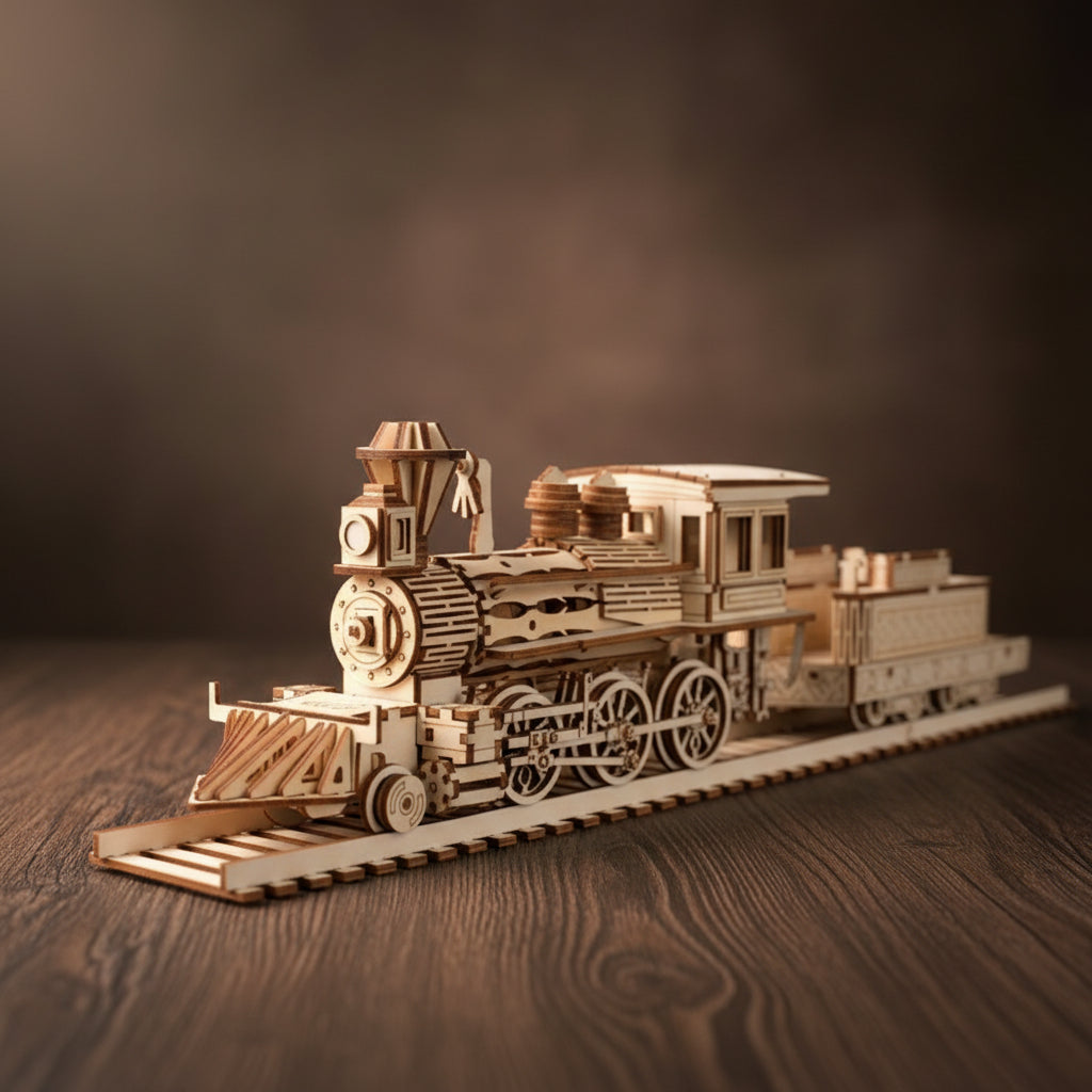 Puzzle 3D en bois d'une locomotive à vapeur détaillée, bois naturel et doré.