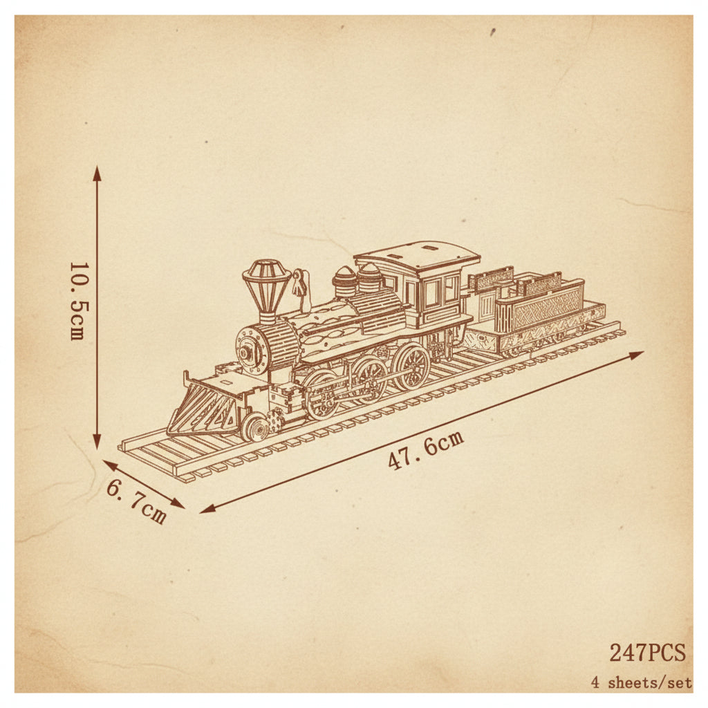 Puzzle 3D en bois d'une locomotive à vapeur détaillée, bois naturel et doré. - vue 2
