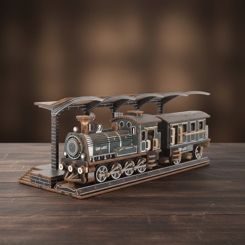 Train à vapeur en bois 3D avec station.