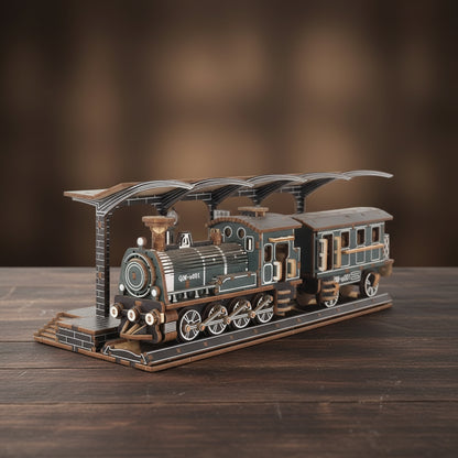 Train à vapeur en bois 3D avec station.