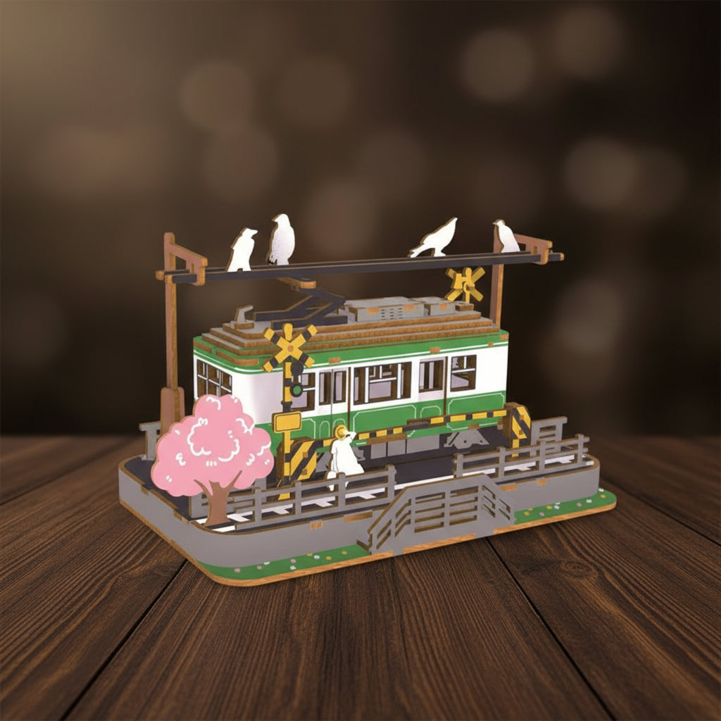 Puzzle 3D en bois de tramway avec personnages et arbres roses.
