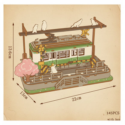 Puzzle 3D en bois de tramway avec personnages et arbres roses. - vue 2