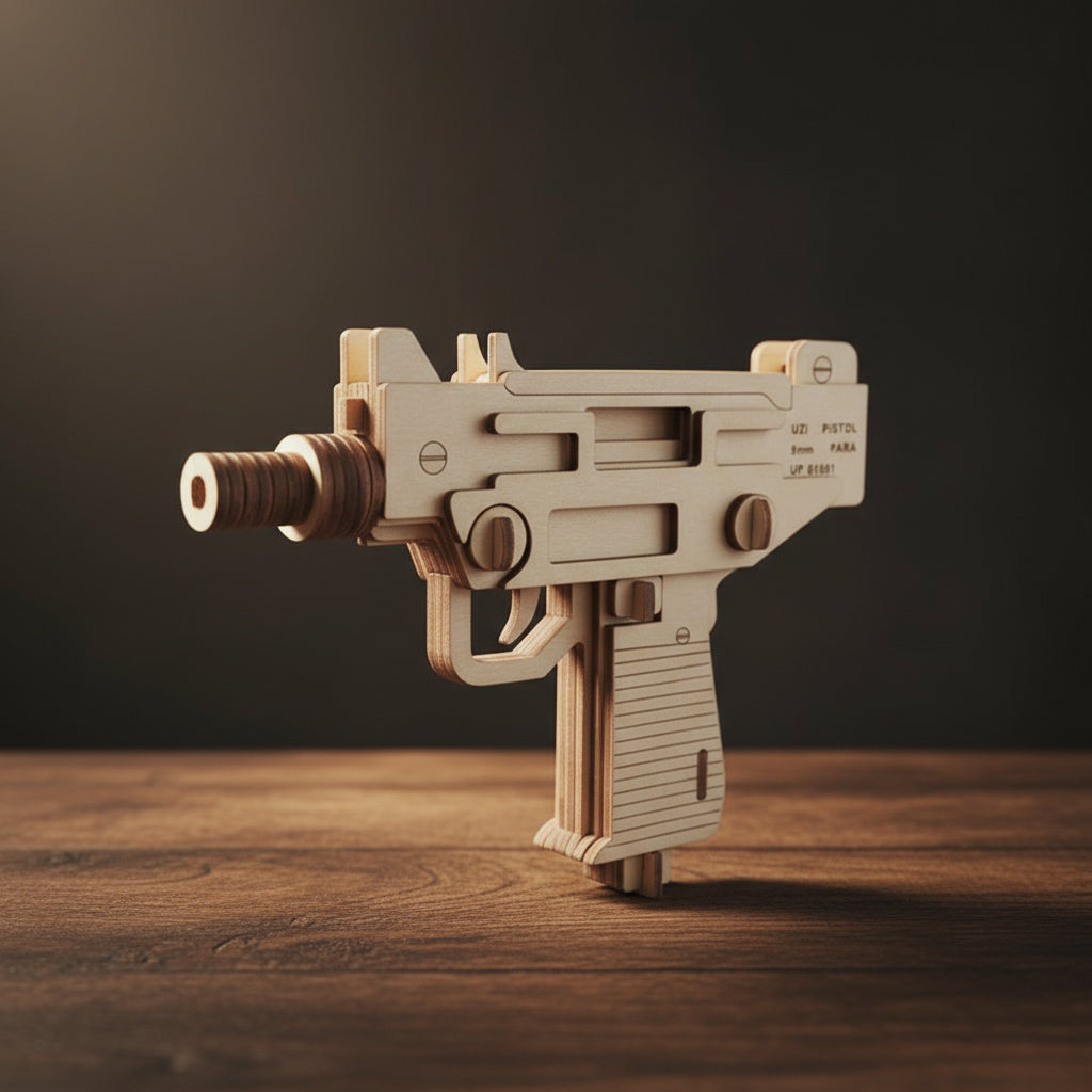 Puzzle en bois 3D Uzi assemblé, finition naturelle, 18.2x13.5x4 cm.