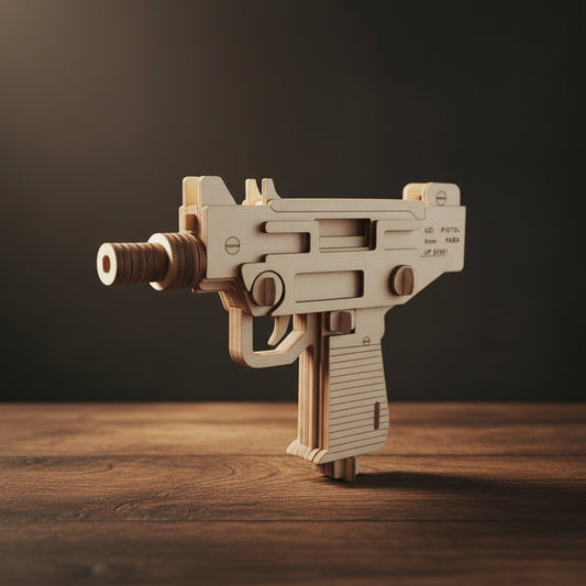 Puzzle en bois 3D Uzi assemblé, finition naturelle, 18.2x13.5x4 cm.