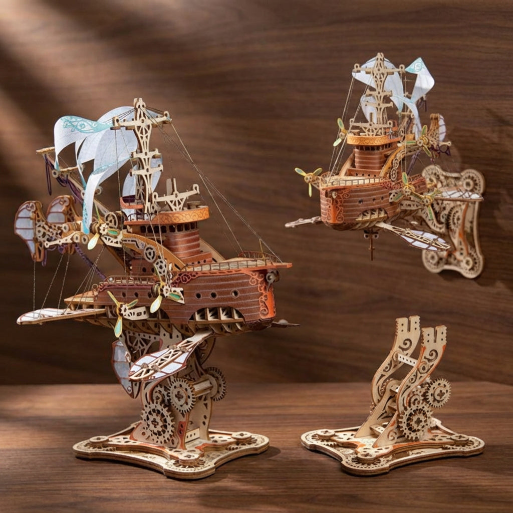 Puzzle 3D en bois d'un vaisseau spatial steampunk avec voiles et engrenages sur un socle. -vue 5