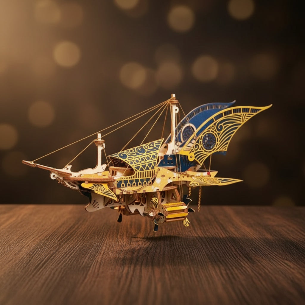 Puzzle 3D du Vaisseau Steampunk en bois, assemblé.