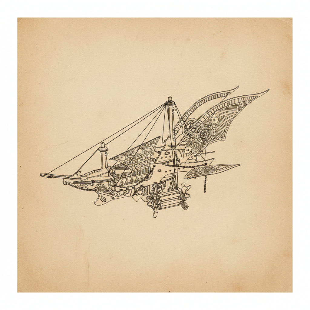 Puzzle 3D en bois d'un vaisseau steampunk détaillé avec motifs bleus et dorés, flottant. -vue2