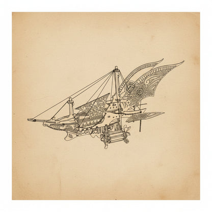 Puzzle 3D en bois d'un vaisseau steampunk détaillé avec motifs bleus et dorés, flottant. -vue2