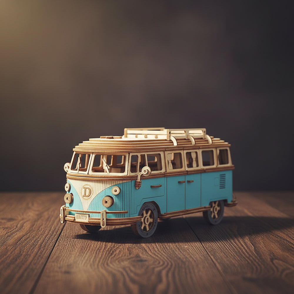 Puzzle 3D en bois d'une van bleue vintage avec des lignes blanches, des roues noires et un toit marron.