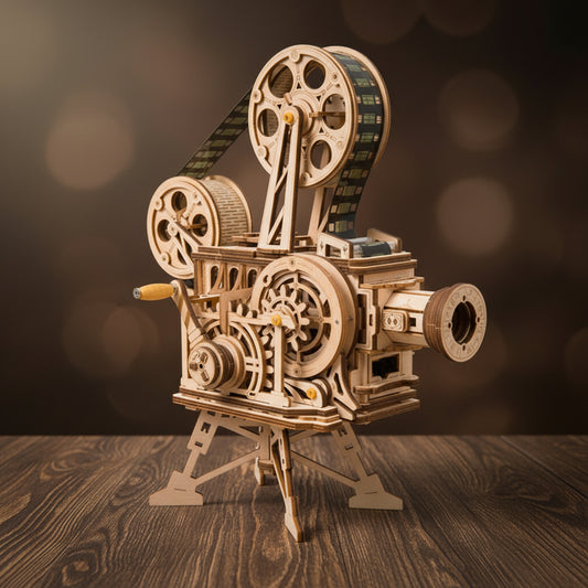 Puzzle 3D en bois de projeteur de cinéma naturel avec détails dorés sur bois.