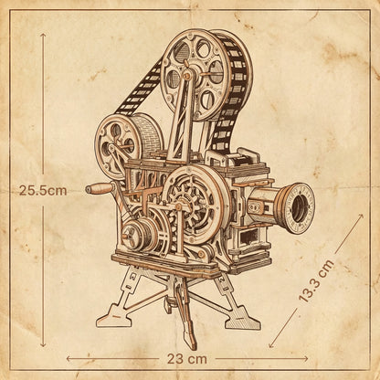 Puzzle 3D en bois de projeteur de cinéma naturel avec détails dorés sur bois. - vue 2