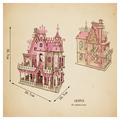 Puzzle 3D en bois d'une villa rose détaillée. - vue 2
