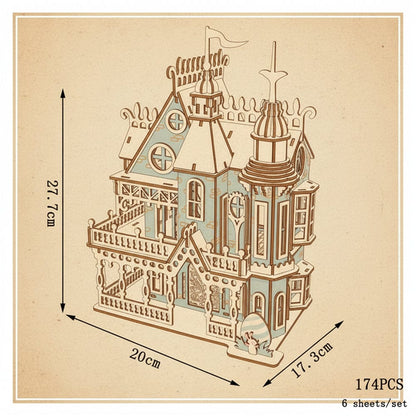 Puzzle 3D en bois d'une villa de poupée victorienne bleue et blanche - vue 2