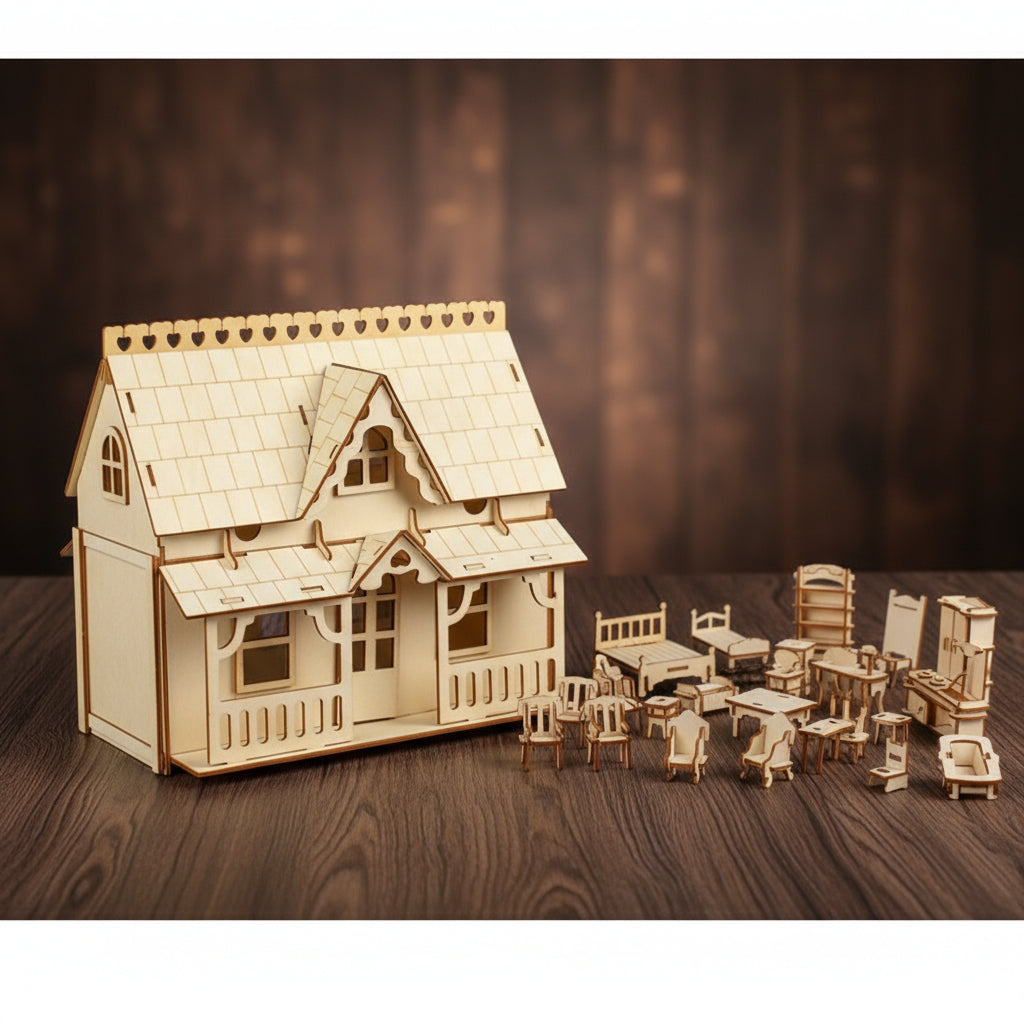 Puzzle 3D de villa de poupée en bois détaillé.