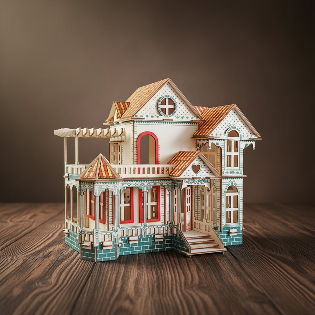 Puzzle 3D de villa victorienne en bois blanche, bleue et rouge avec balcons et pignons.
