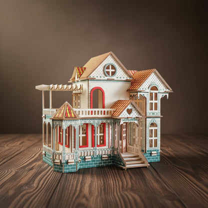 Puzzle 3D de villa victorienne en bois blanche, bleue et rouge avec balcons et pignons.
