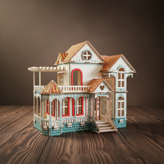 Puzzle 3D de villa victorienne en bois blanche, bleue et rouge avec balcons et pignons.