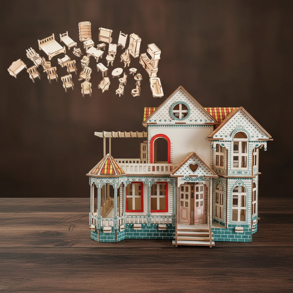 Puzzle 3D bois : villa de vacances colorée avec balcon et mobilier flottant.