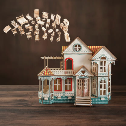Puzzle 3D bois : villa de vacances colorée avec balcon et mobilier flottant.
