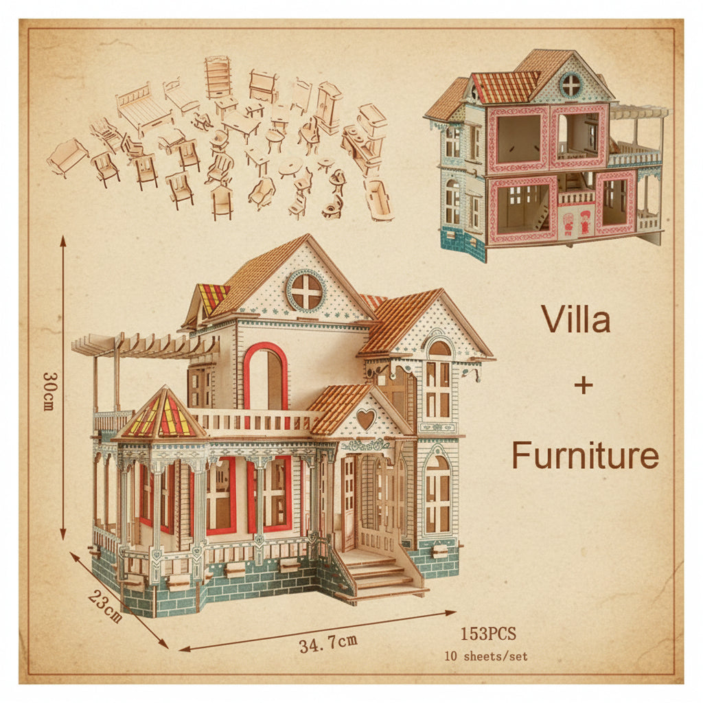 Puzzle 3D bois : villa de vacances colorée avec balcon et mobilier flottant. - vue 2