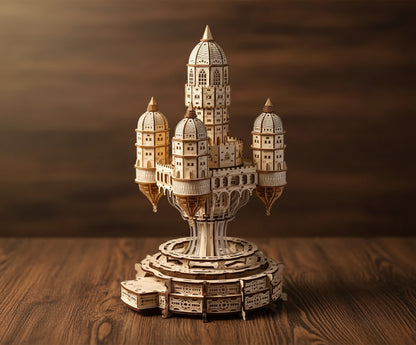 Puzzle 3D de ville flottante avec tours blanches et ponts.
