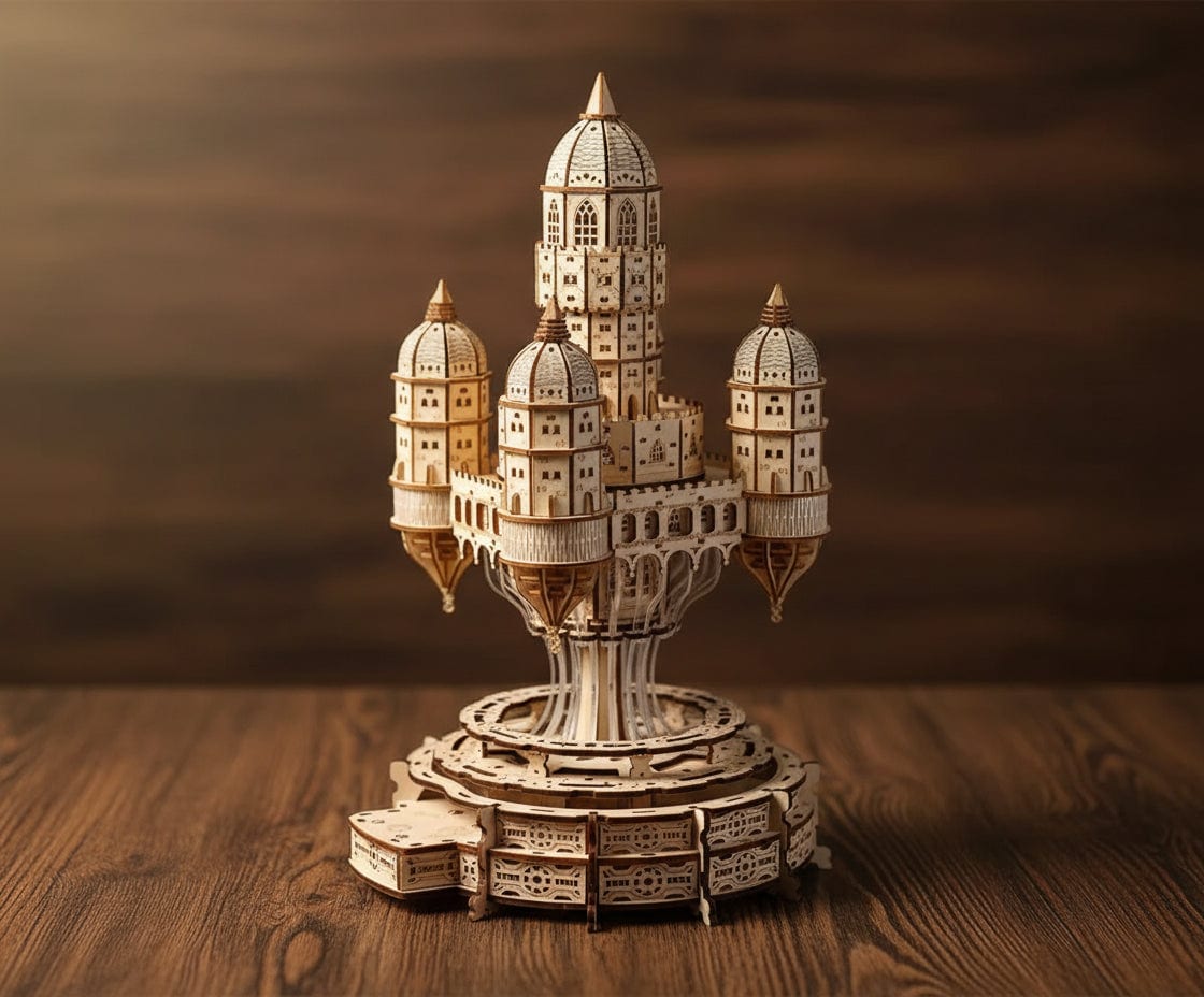 Puzzle 3D de ville flottante avec tours blanches et ponts.