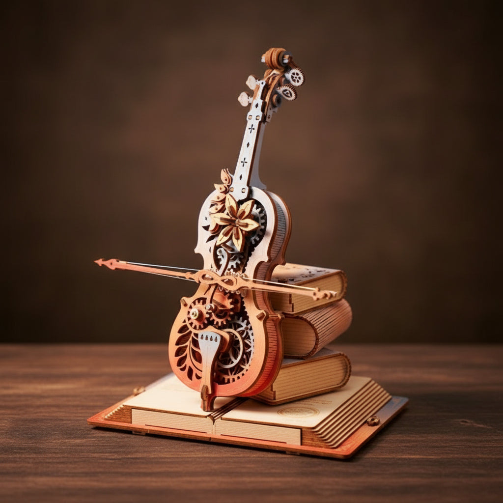 Puzzle 3D de violoncelle steampunk sur livres avec détails floraux.