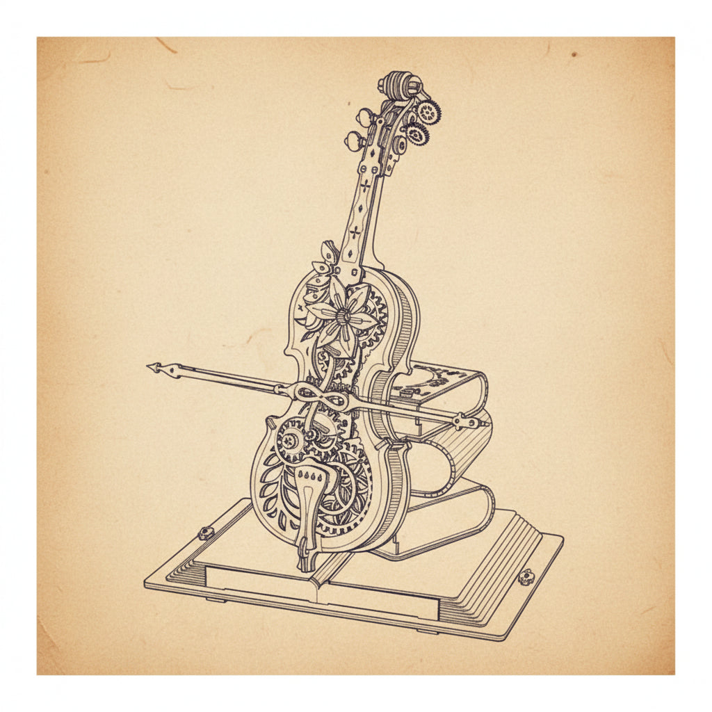 Puzzle 3D de violoncelle steampunk sur livres avec détails floraux. - vue 2