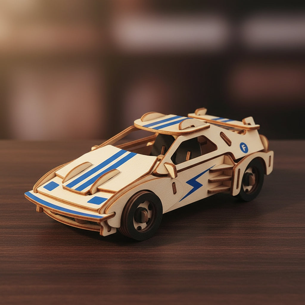Puzzle 3D de voiture de course blanche avec détails bleus et noirs.