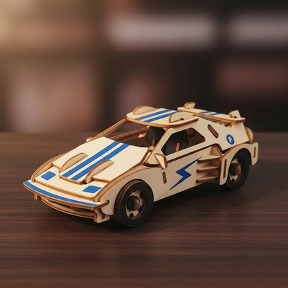 Puzzle 3D de voiture de course blanche avec détails bleus et noirs.